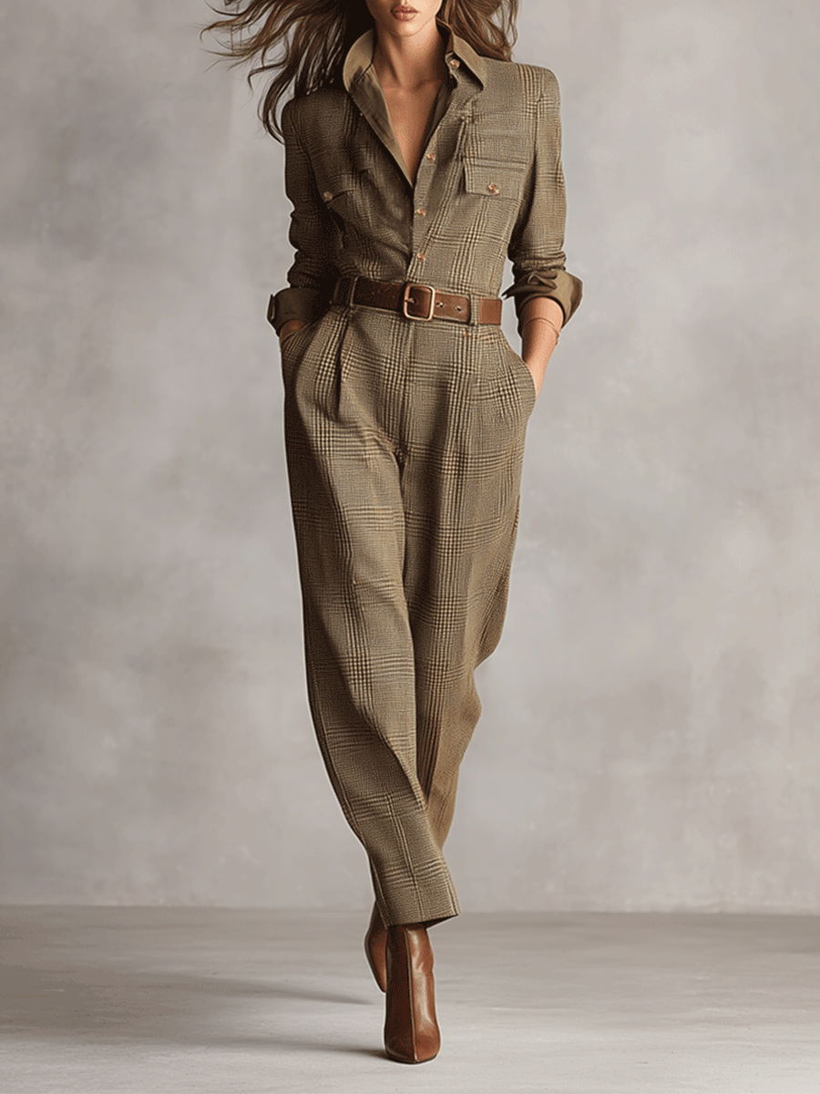Dulce - Belted Check Jumpsuit With Shirt Collar