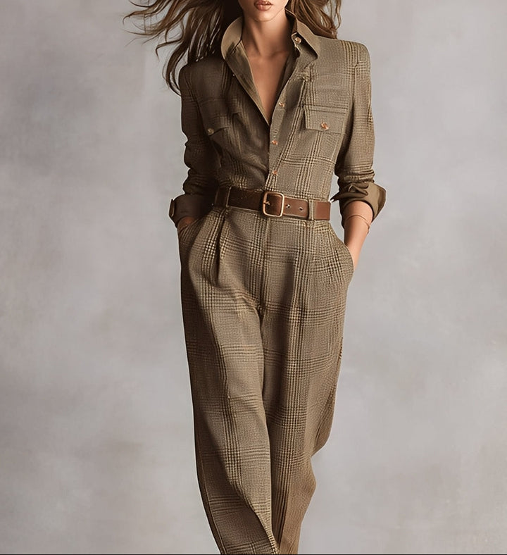 Dulce - Belted Check Jumpsuit With Shirt Collar