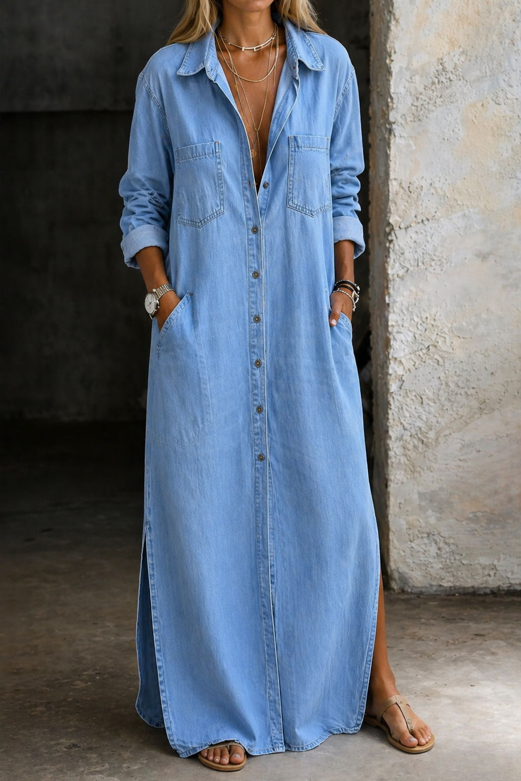 Noshina - Abito Lungo in Denim Con Bottoni Sul Davanti