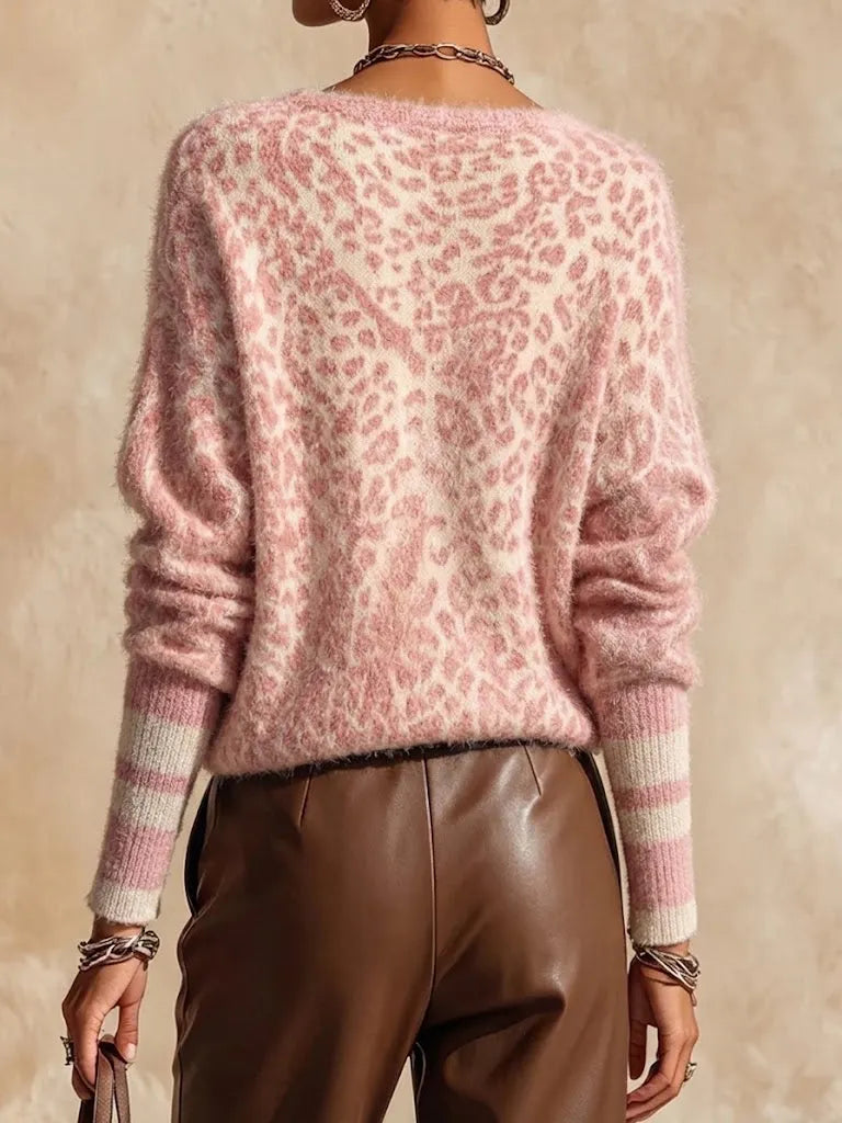 Zelinna - Maglione Con Scollo a V E Stampa Leopardata