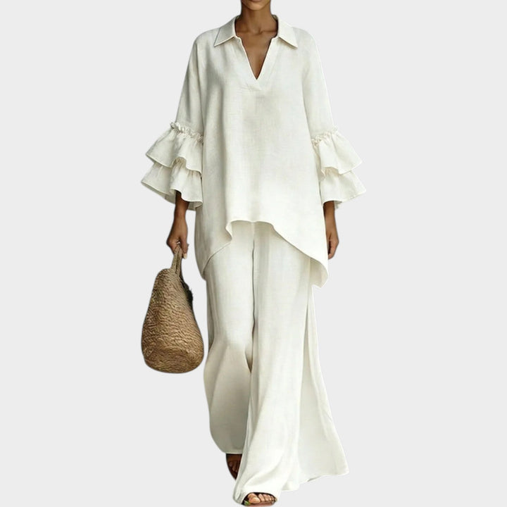 Fien - Elegante Top in Lino E Pantaloni Larghi a Gamba Ampia