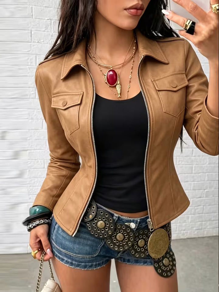Shiona - Giacca in Pelle Con Tasche Anteriori