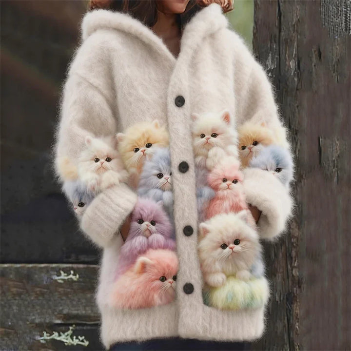 Kelsie - Cardigan Morbido con Cappuccio e Gatti