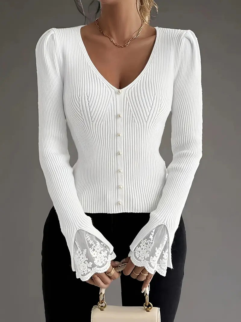Visenna - Elegante Maglione Con Scollo a V e Maniche in Pizzo