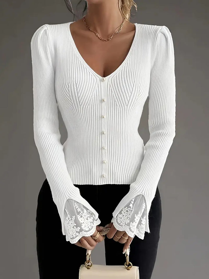 Visenna - Elegante Maglione Con Scollo a V e Maniche in Pizzo