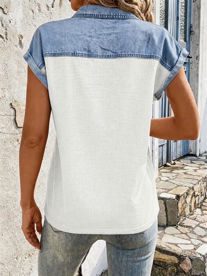 Haily - Top Casual in Denim Con Colletto Patchwork e Maniche Corte
