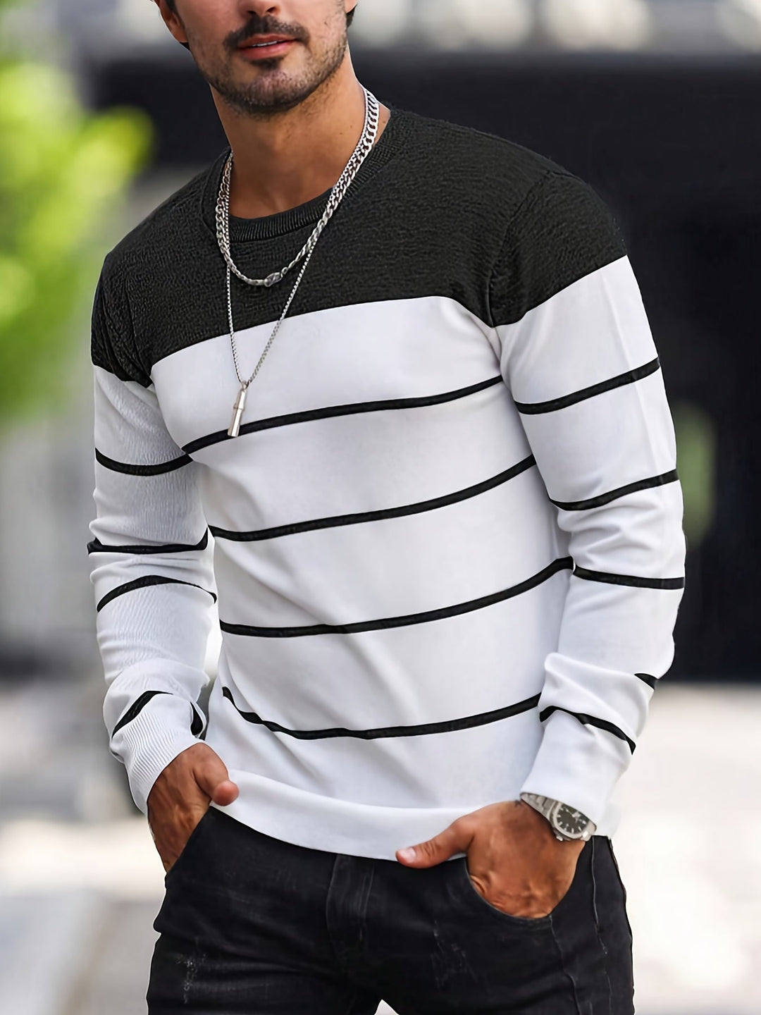 Michiel - Maglione Casual a Righe con Maniche Lunghe