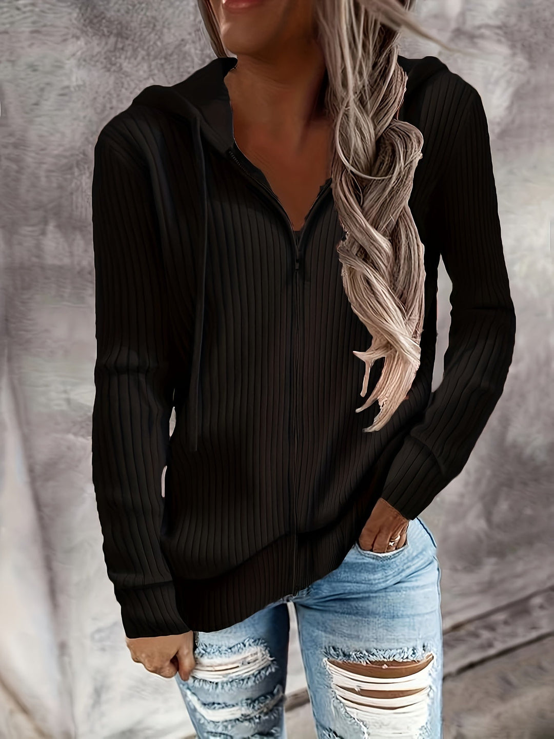 Bibigul - Loose Fit Long Sleeve Ribbed Hooded Cardigan