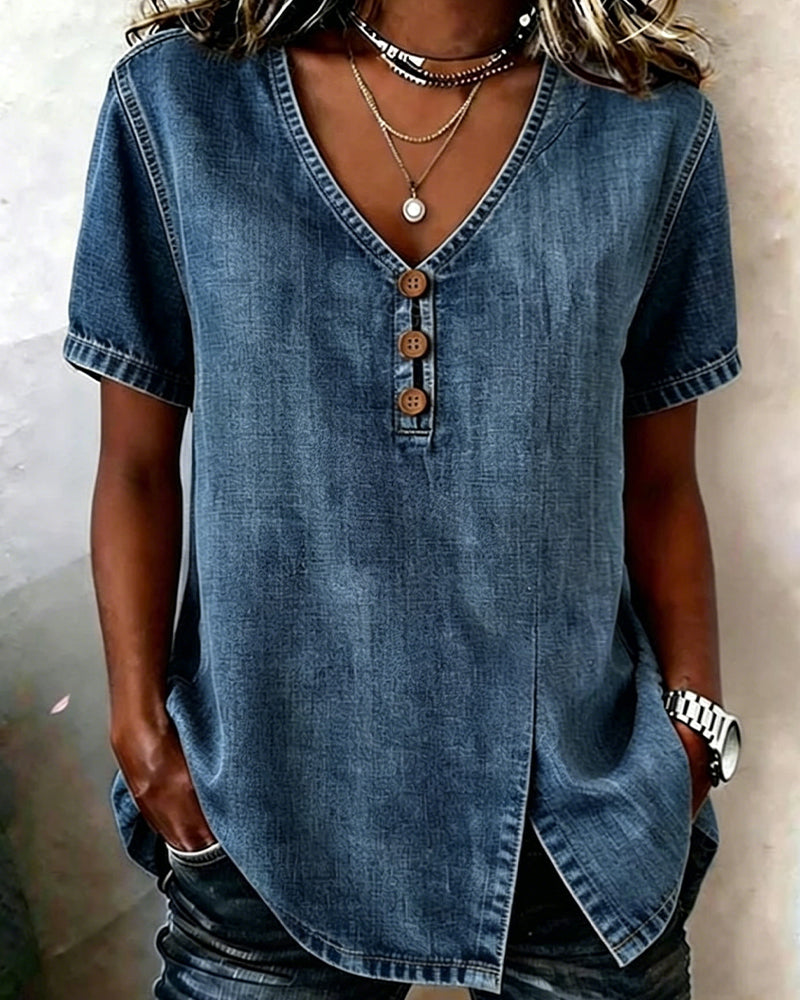 Lyjena - Camicetta In Denim Con Scollo a V e Spacco