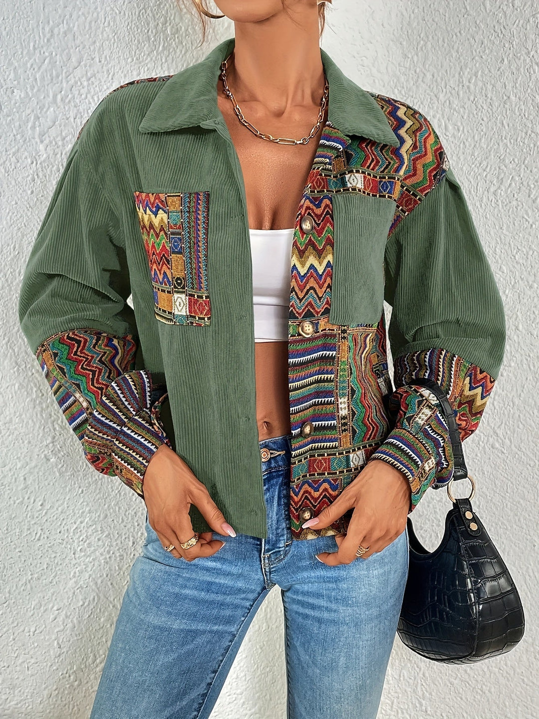 Amelina - Giacca in Velluto a Coste Con Bottoni in Stile Boho Patchwork