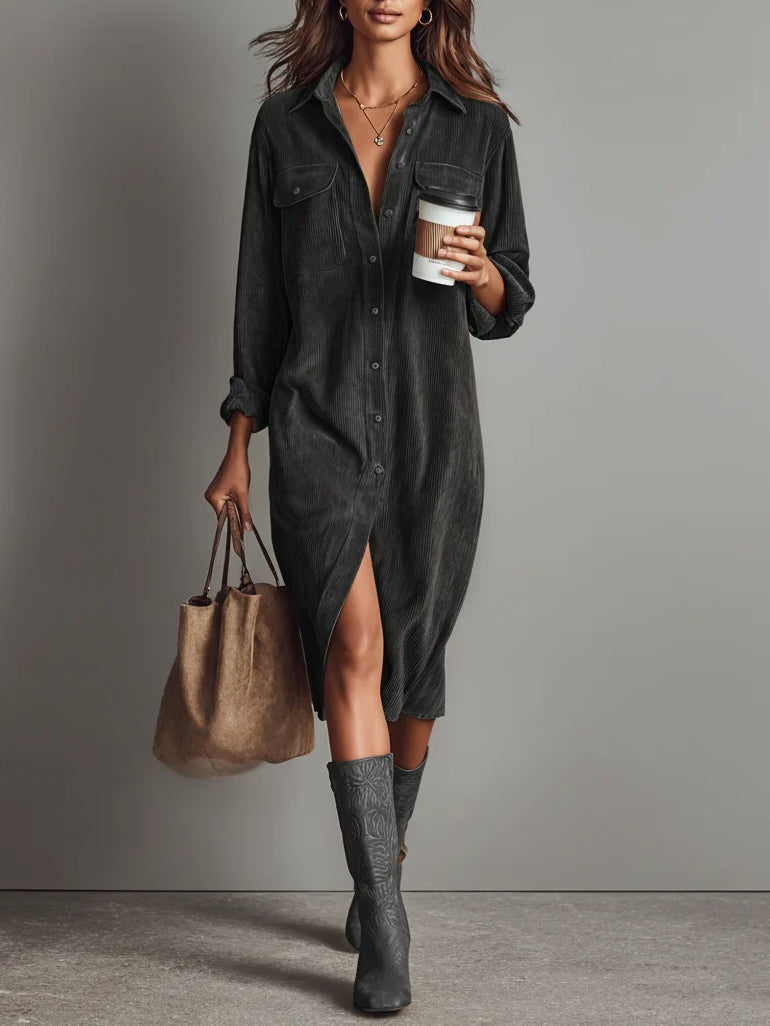 Nurcan - Abito Camicia Con Texture in Velluto a Coste e Tasche