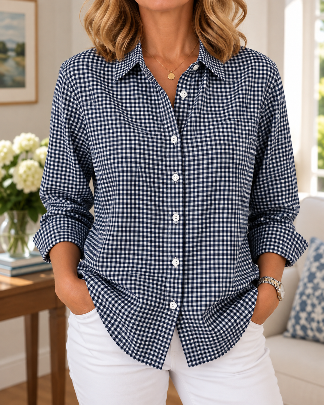 Colien - Camicia a Maniche Lunghe a Quadretti Con Bottoni