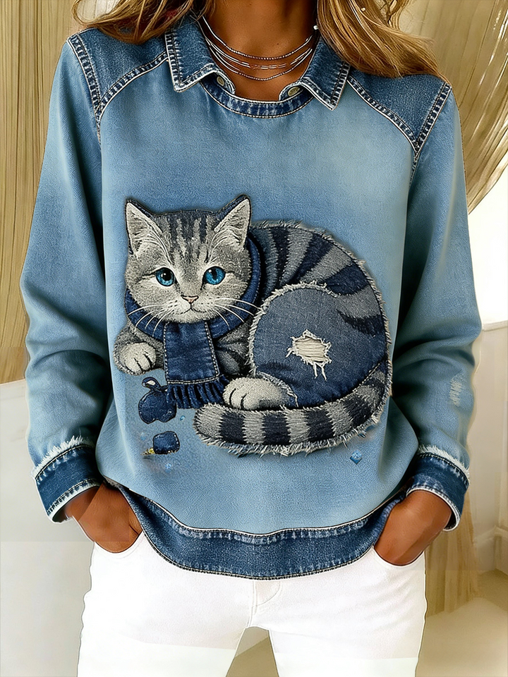 Eponin - Felpa patchwork in Denim Retrò Con Gatto
