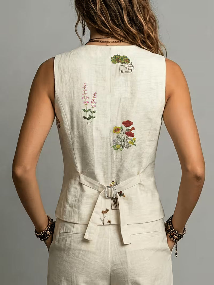 Zarelle - Gilet Senza Maniche in Lino Ricamato