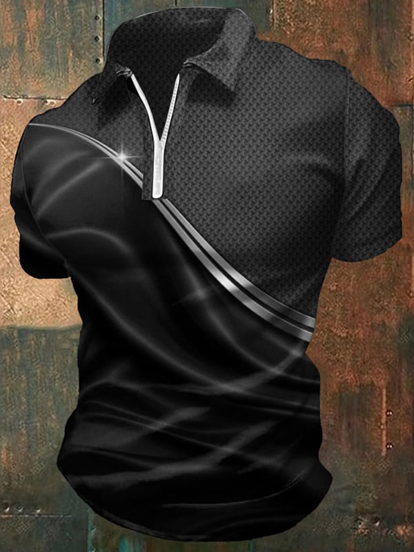 Polo Casual Da Uomo Con Zip e Stampa Grafica Sfumata