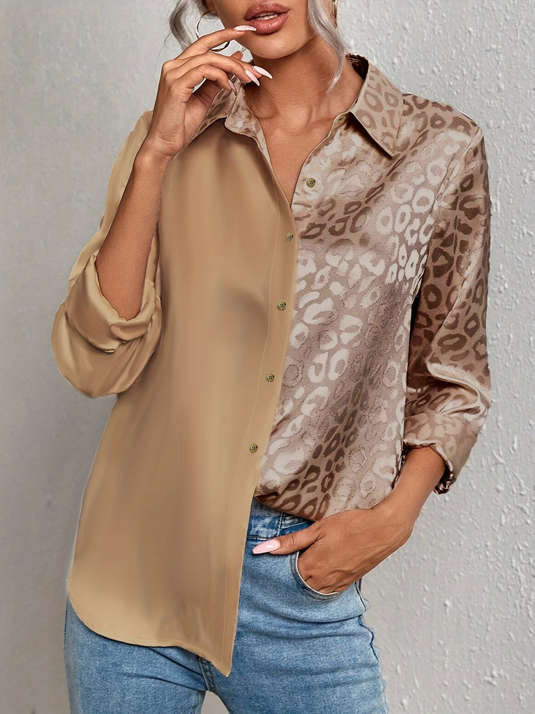 Gwendolyn - Camicia Con Bottoni In Raso Bicolore Con Stampa Leopardata Jacquard