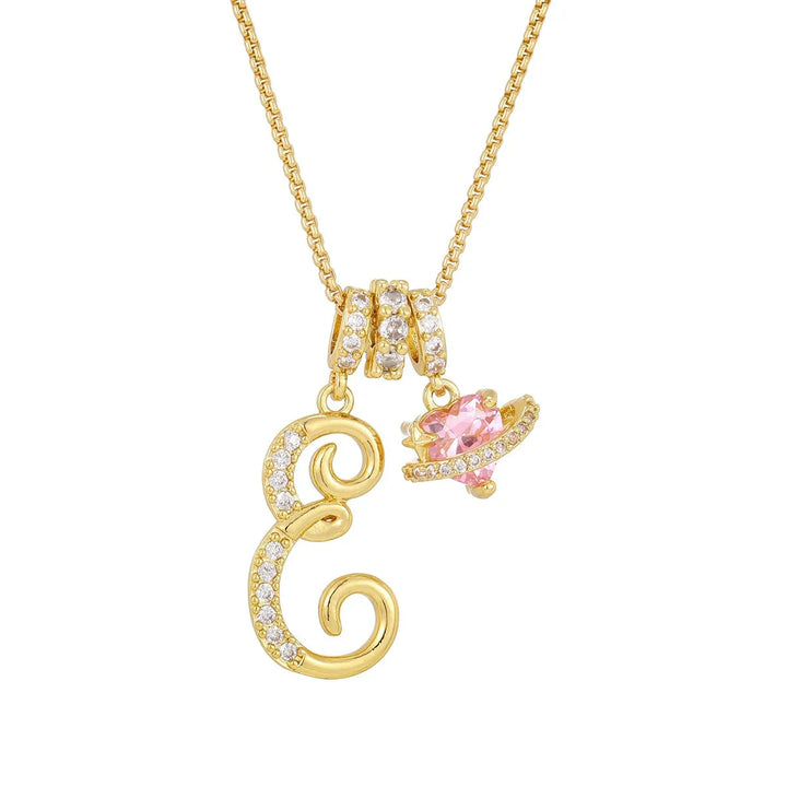 Nerute - Collana Con Iniziale e Ciondolo a Forma di Cuore Rosa