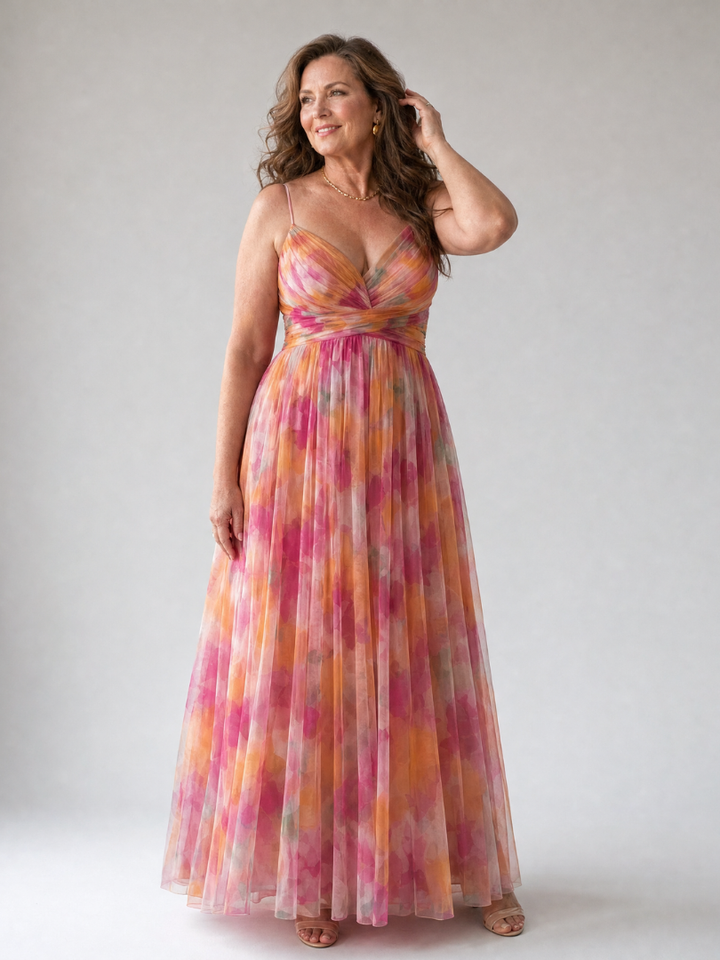 Xeenia - Elegante Abito Lungo in Chiffon Con Ritaglio