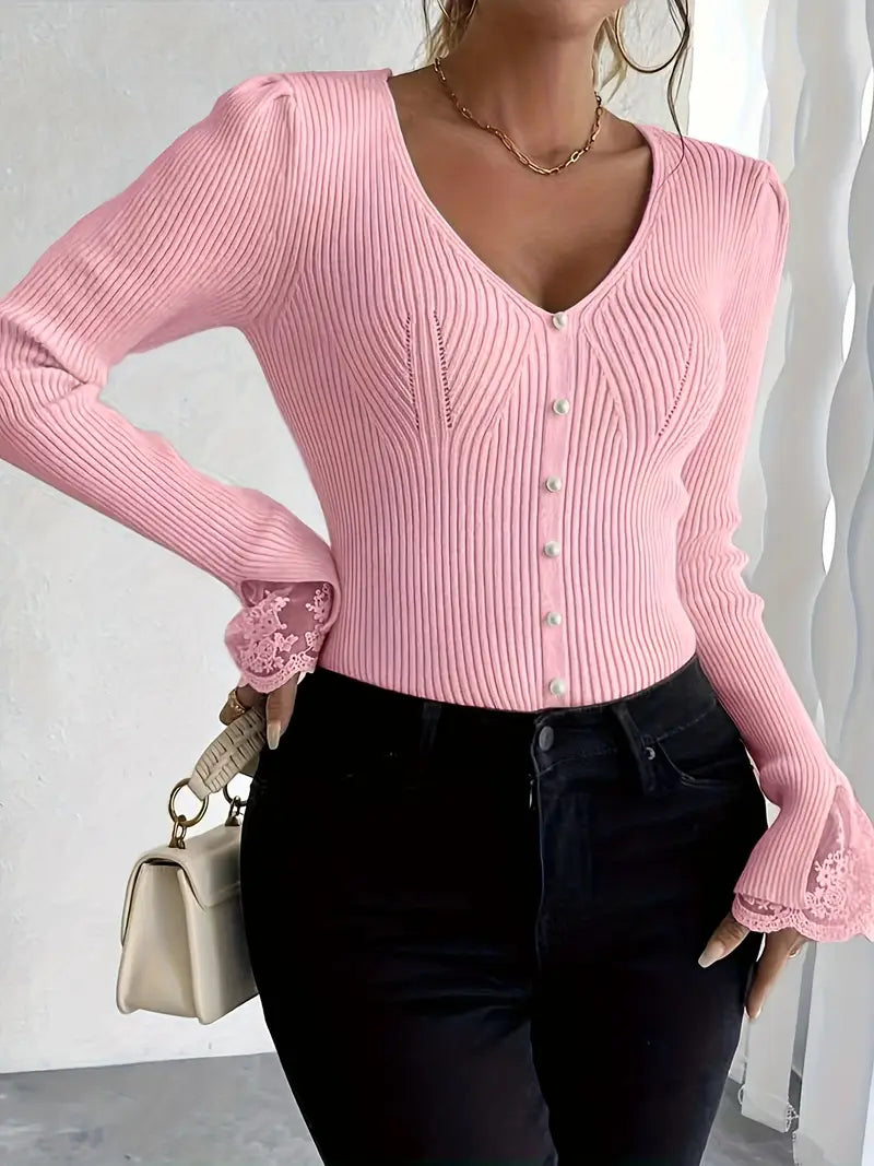 Visenna - Elegante Maglione Con Scollo a V e Maniche in Pizzo