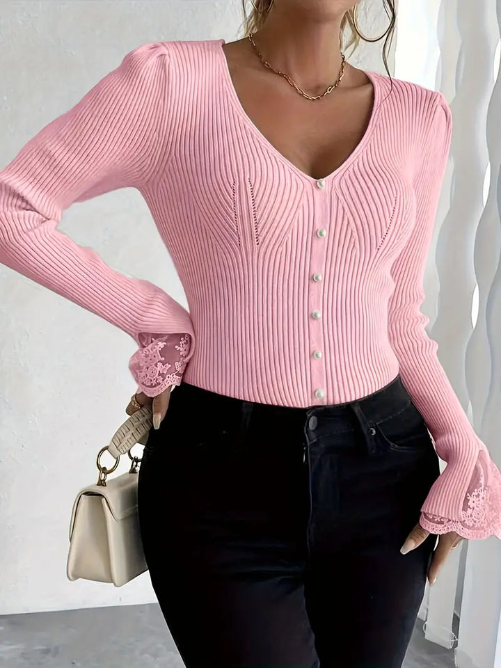 Visenna - Elegante Maglione Con Scollo a V e Maniche in Pizzo
