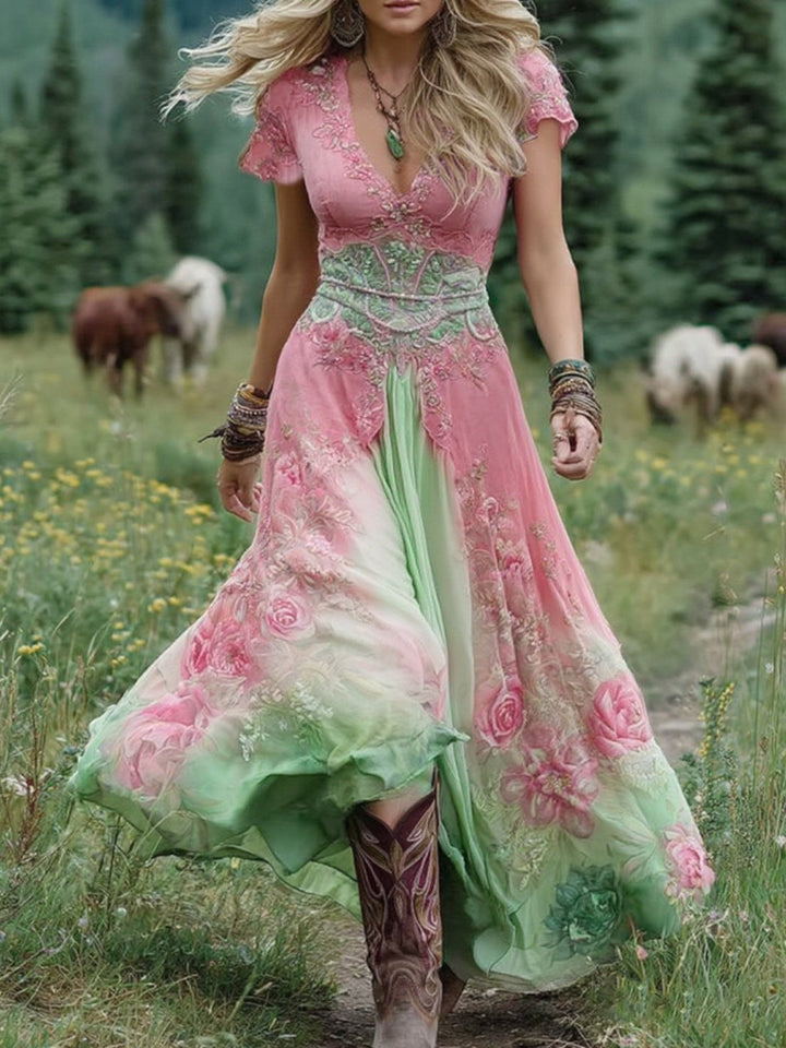 Marcina - Elegante Abito Lungo Con Tonalità Floreali