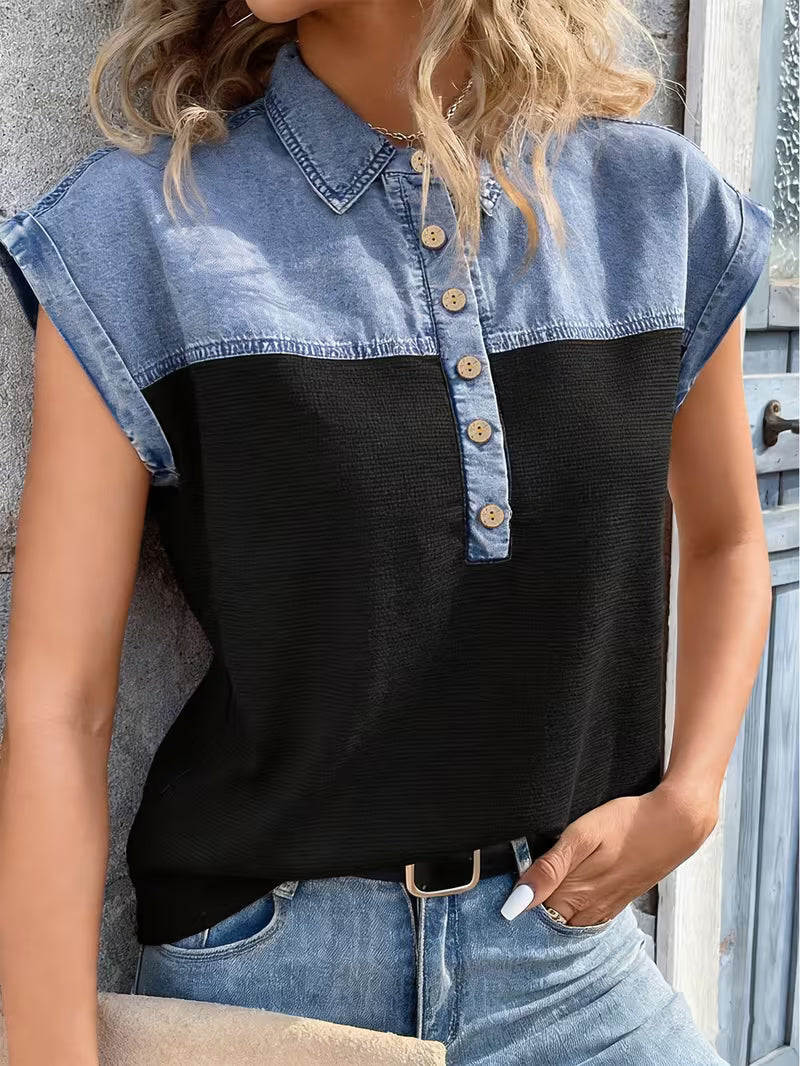 Haily - Top Casual in Denim Con Colletto Patchwork e Maniche Corte