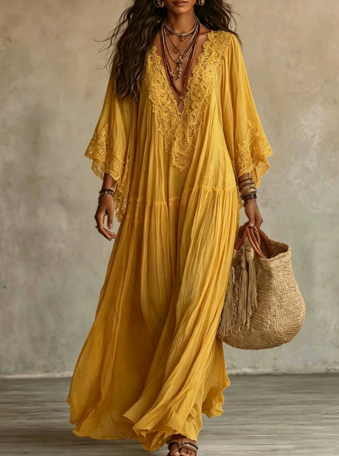 Ainura - Abito Lungo in Chiffon Color Avorio E Pizzo