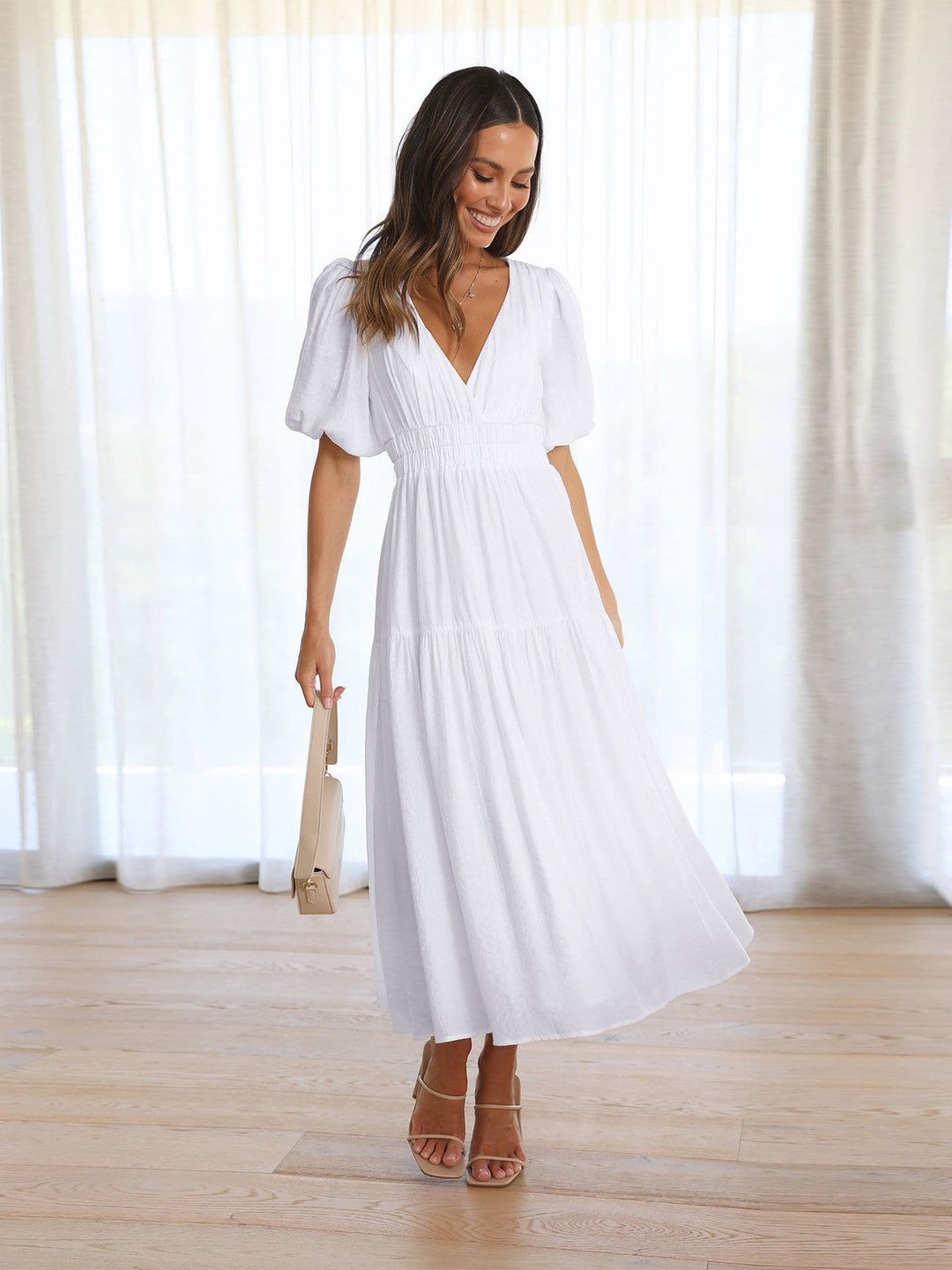 Delphine - Elegante Abito MIDI Con Scollo a V E Maniche a Volant