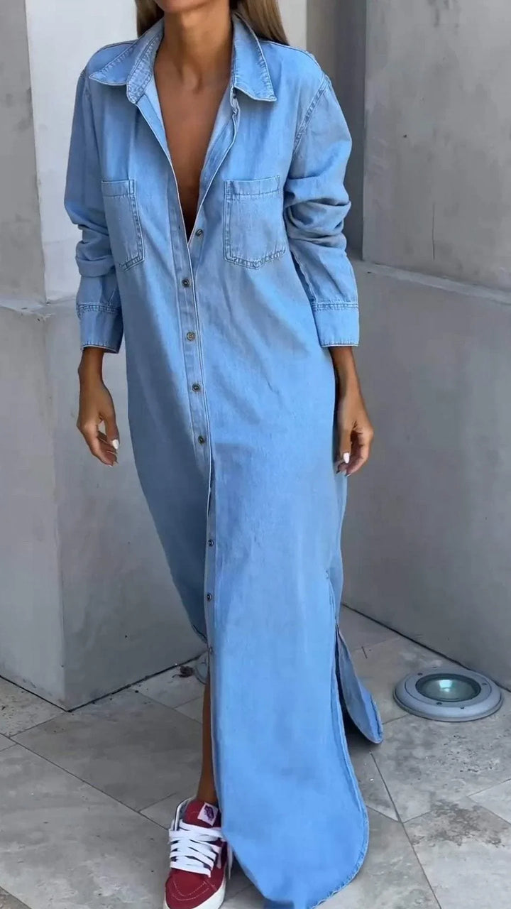 Vallina - Denim Manica Lunga Abito Con Risvolto