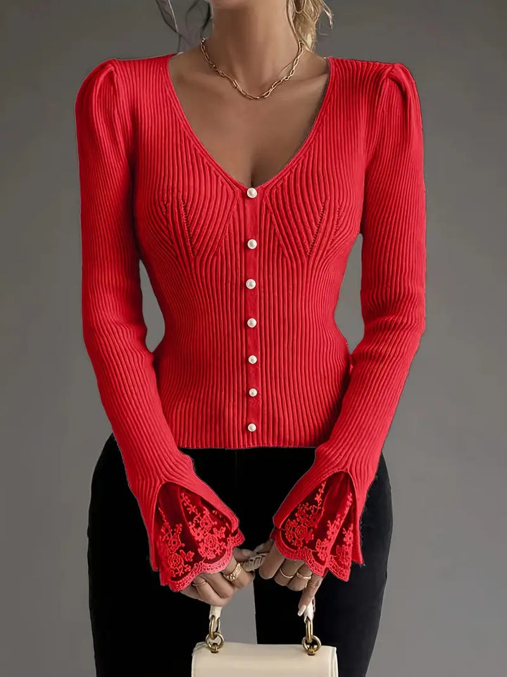 Visenna - Elegante Maglione Con Scollo a V e Maniche in Pizzo