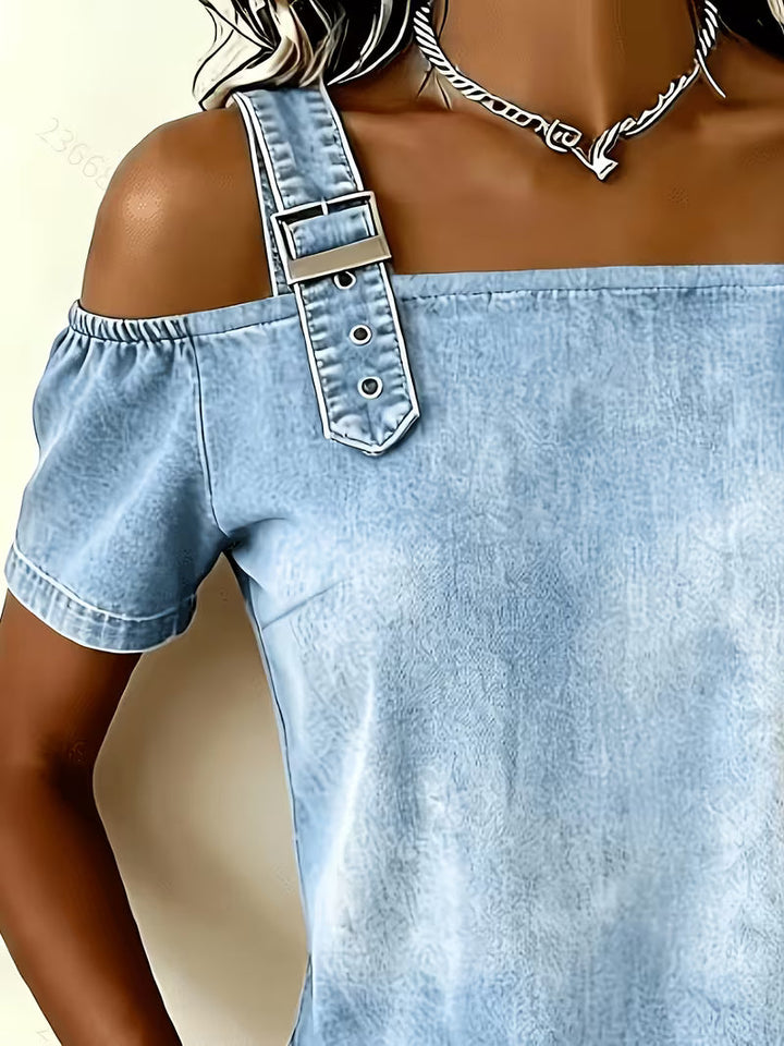 Kenya - Top in denim con Spalle Scoperte e Maniche Corte