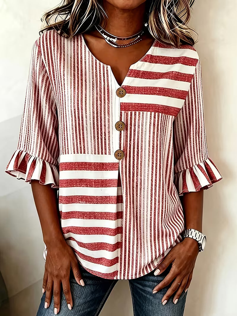 Avyra - Top a Righe Con Maniche a Volant E Bottoni in Stile Patchwork