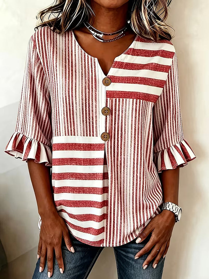 Avyra - Top a Righe Con Maniche a Volant E Bottoni in Stile Patchwork