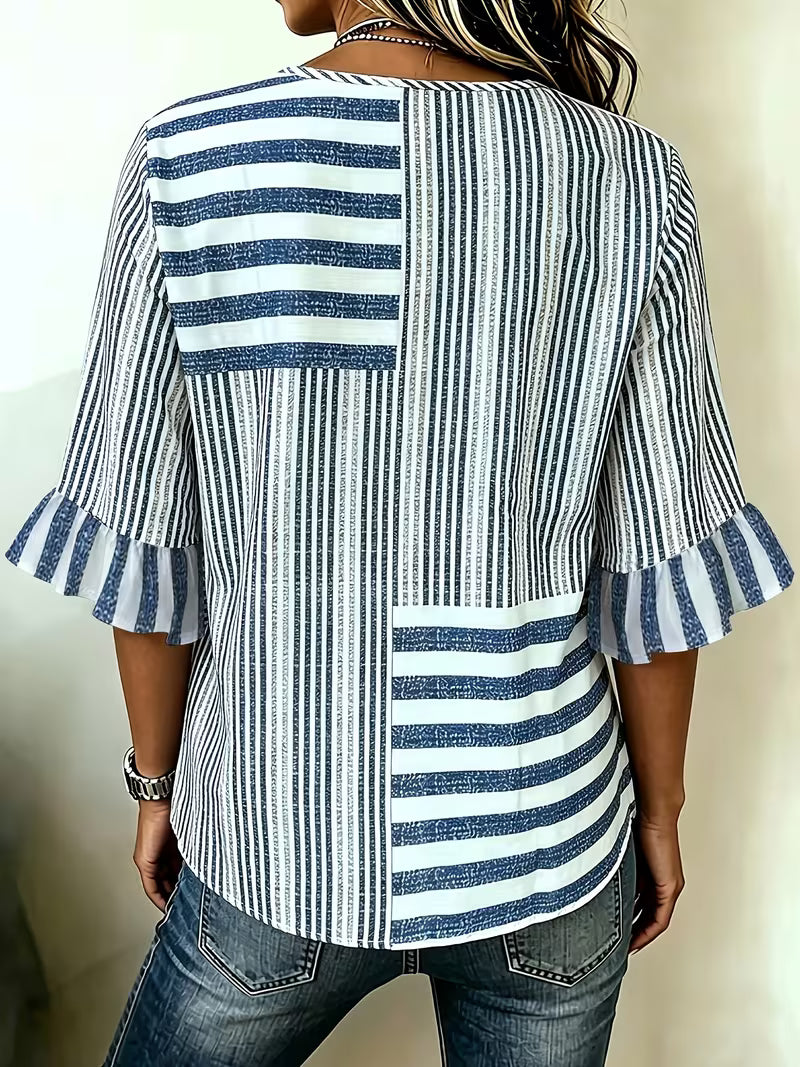 Avyra - Top a Righe Con Maniche a Volant E Bottoni in Stile Patchwork