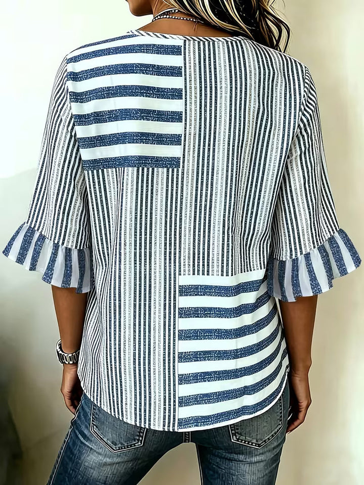 Avyra - Top a Righe Con Maniche a Volant E Bottoni in Stile Patchwork