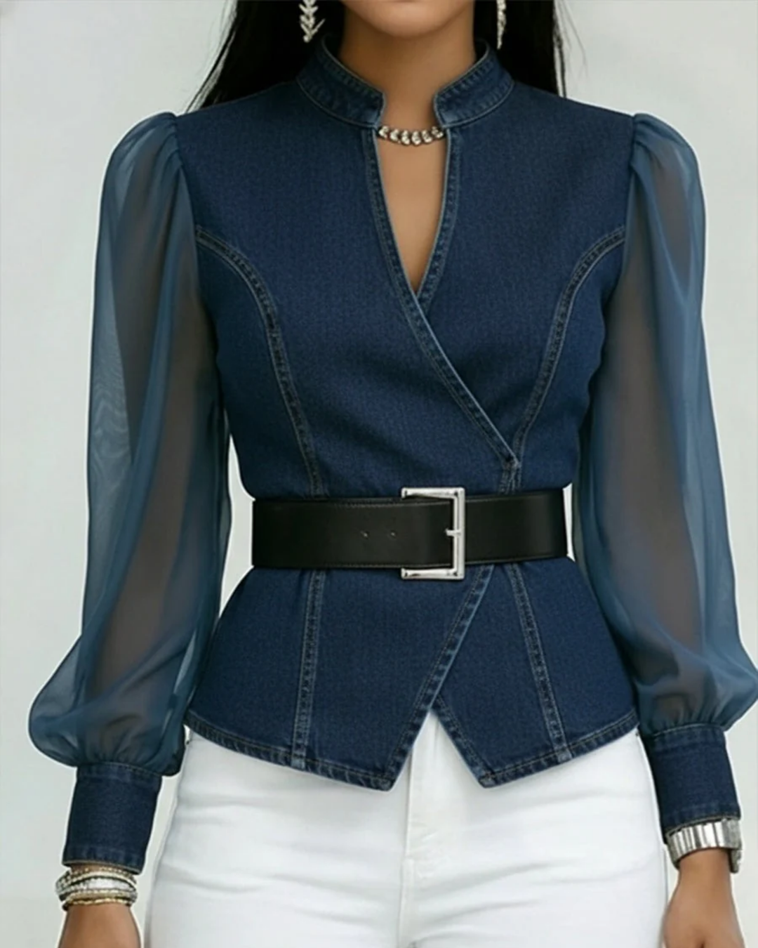 Vessa - Top In Denim Con Maniche in Panno