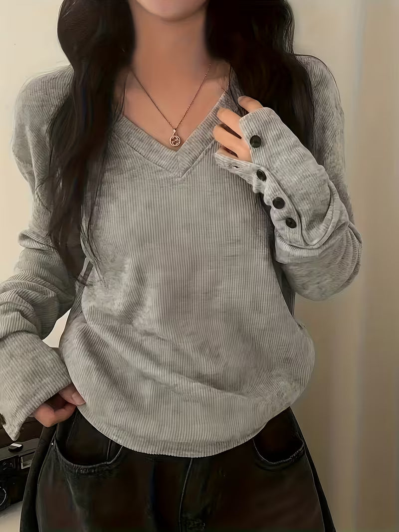 Kebina - Maglione Con Scollo a V, a Coste E Polsini Con Bottoni