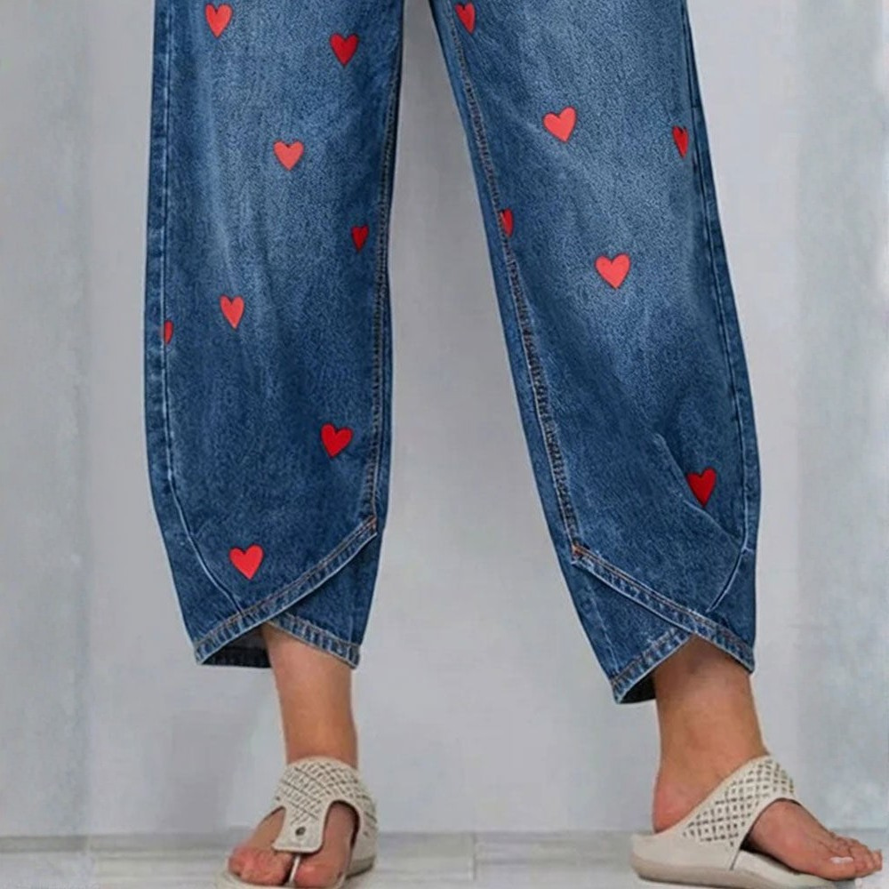 Raemaa - Pantaloni In Denim Alla Caviglia Con Stampa a Cuori
