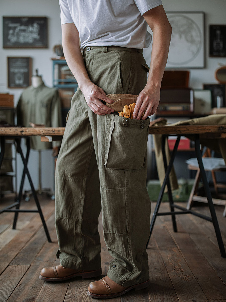 Ibrahim - Pantaloni Militari M-47 In Twill a Spina Di Pesce