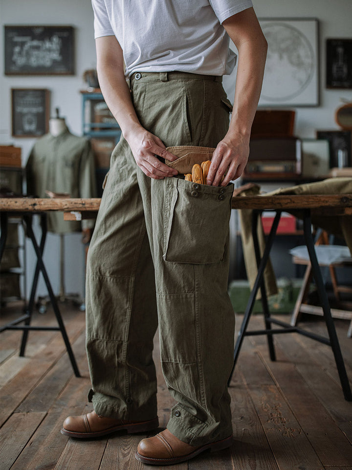 Ibrahim - Pantaloni Militari M-47 In Twill a Spina Di Pesce
