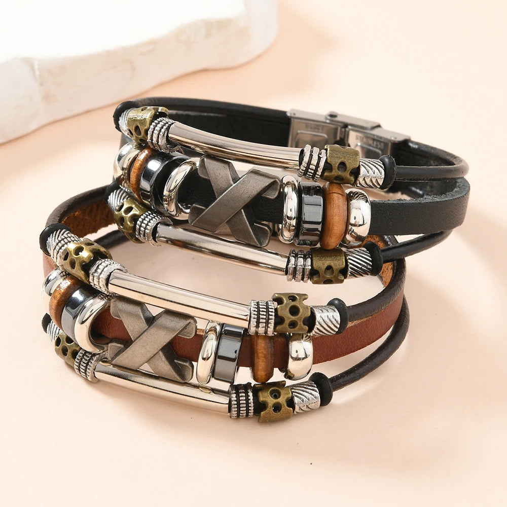Garland - Bracciale a Polsino in Pelle a Strati con Croci