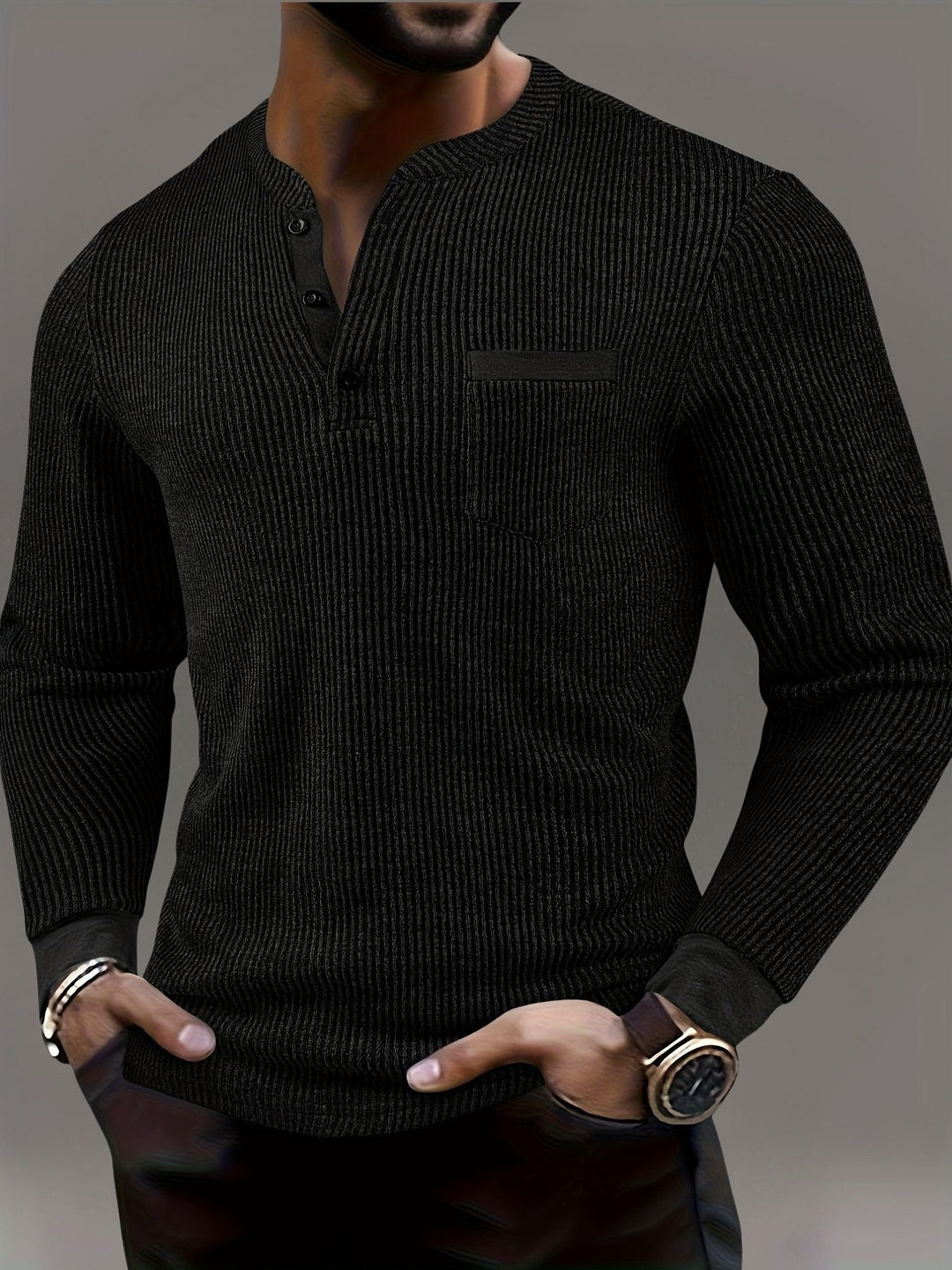 Deegan - Camicia Henley a Maniche Lunghe Con Colletto a Righe in Tessuto Testurizzato