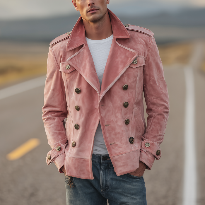 Momonosuke - Giacca Doppiopetto Classica in Stile Western Retrò Con Revers in Pelle Scamosciata