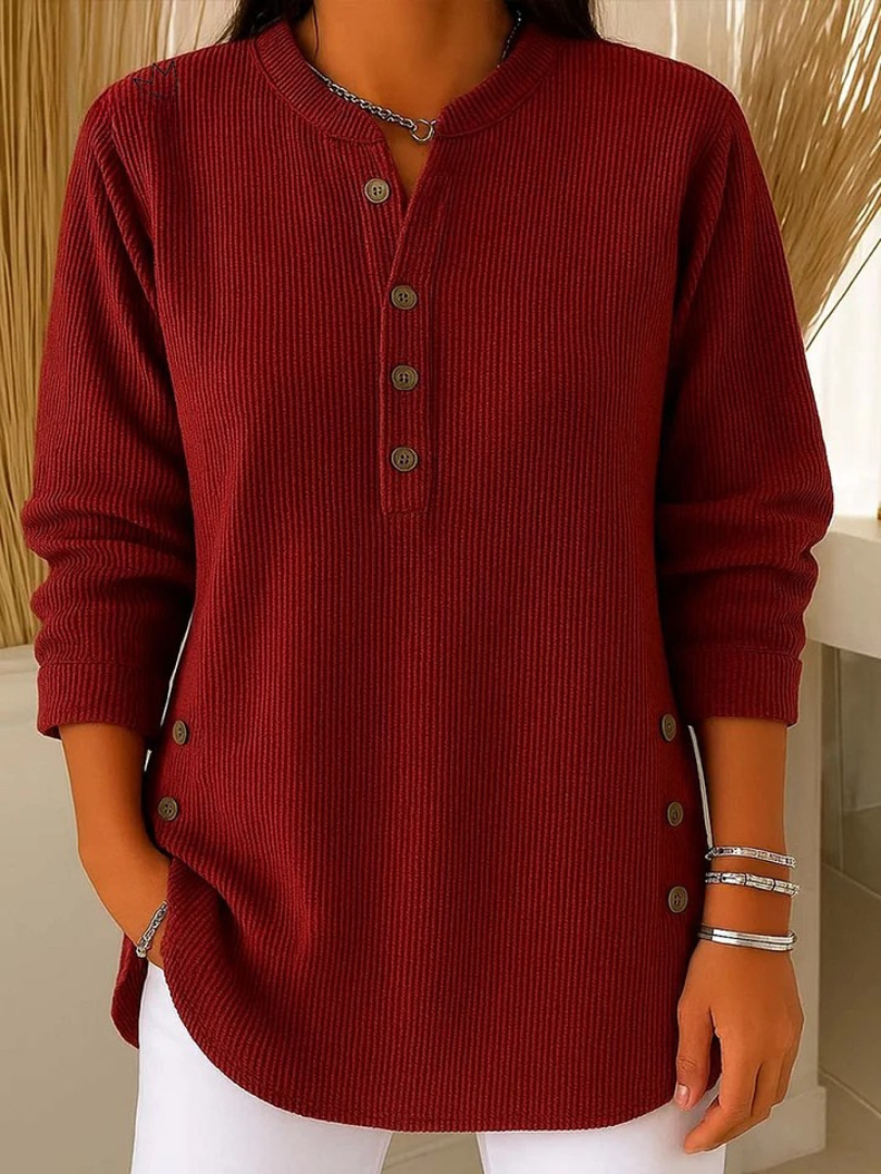 Eshani - Maglia Henley Casual a Maniche lunghe Con Bottoni e Lavorazione a Coste