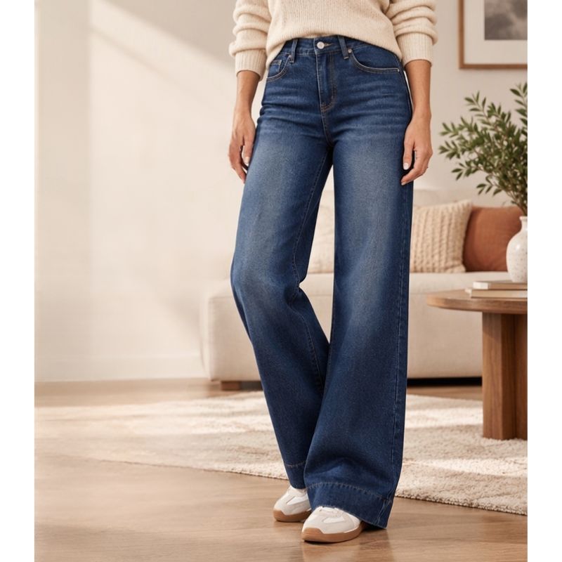 Naryna - Jeans a Gamba Larga e Vita Alta