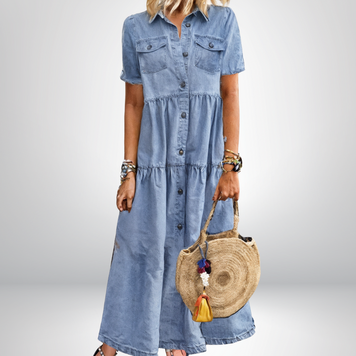 Leokadia - Abito in Morbido Denim Con Bottoni