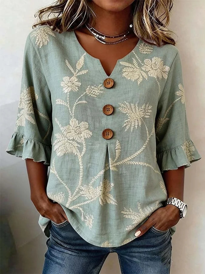 Bisila - Camicia Con Ricami Floreali e Maniche a Balze