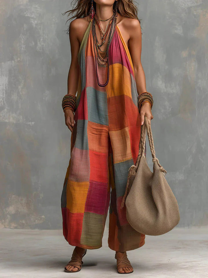 Meriny - Tuta Intera Patchwork Con Scollo all'Americana e Gamba Larga
