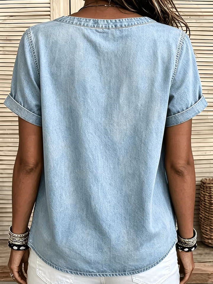 Ferina - Top in Denim a Maniche Corte Effetto Consumato
