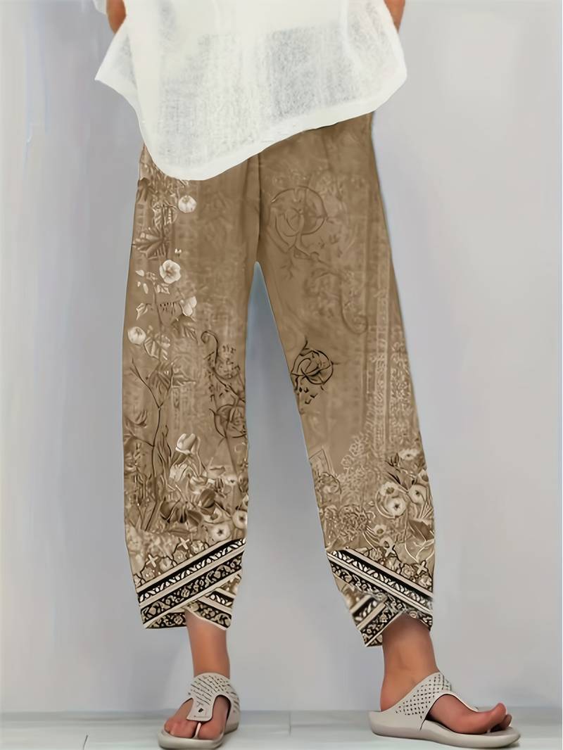 Thimasha - Pantaloni Capri Vintage a Fiori Con Elastico in Vita
